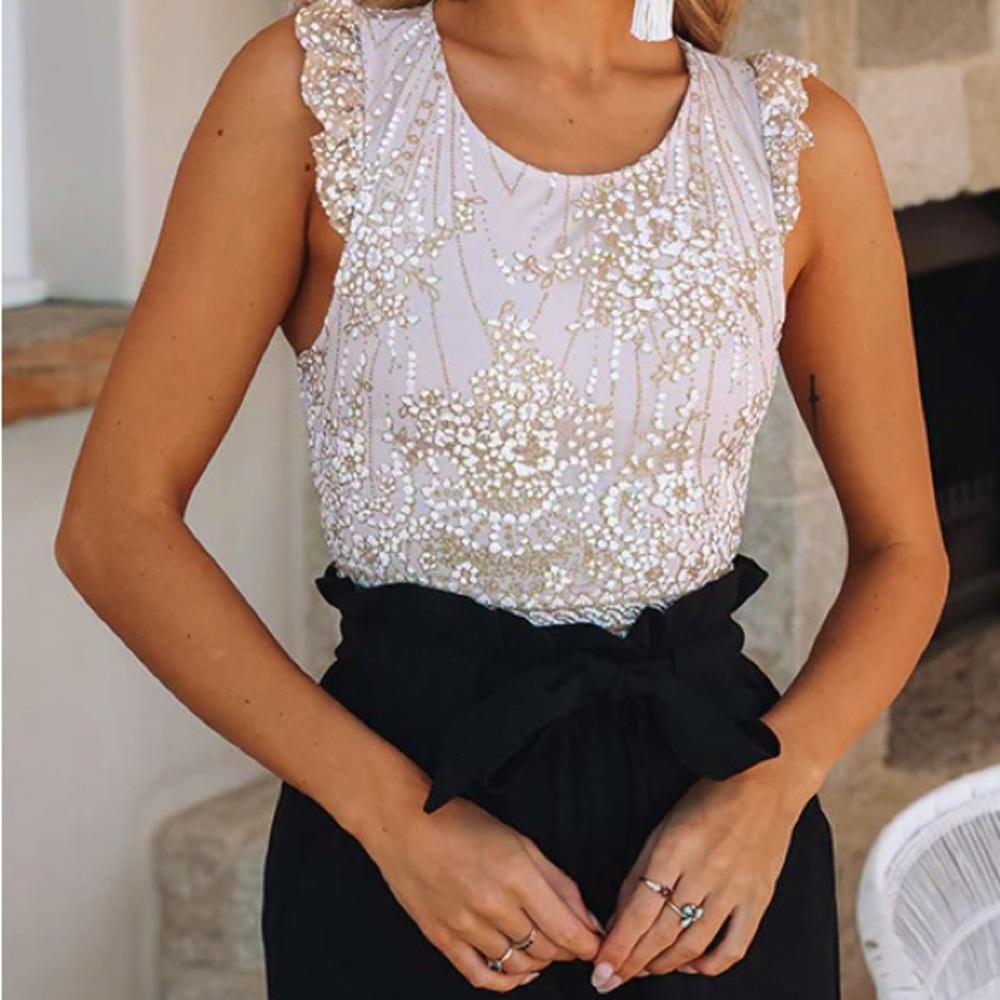 Hello Molly Sequin Embellished Bodysuit - Cream and Gold